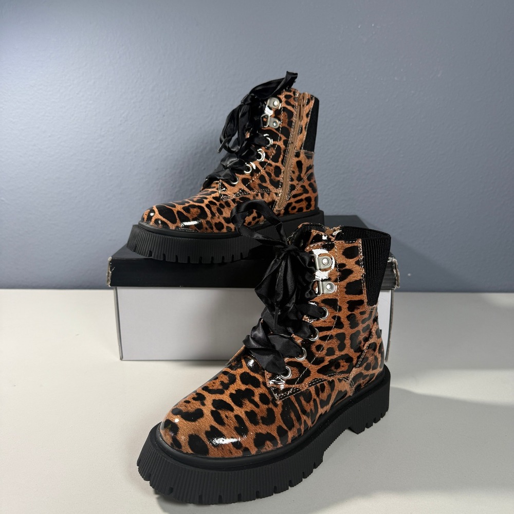DV‎ Dolce Vita Chrystal Girls Leopard Patent Combat Boots Size 13 Brown Black